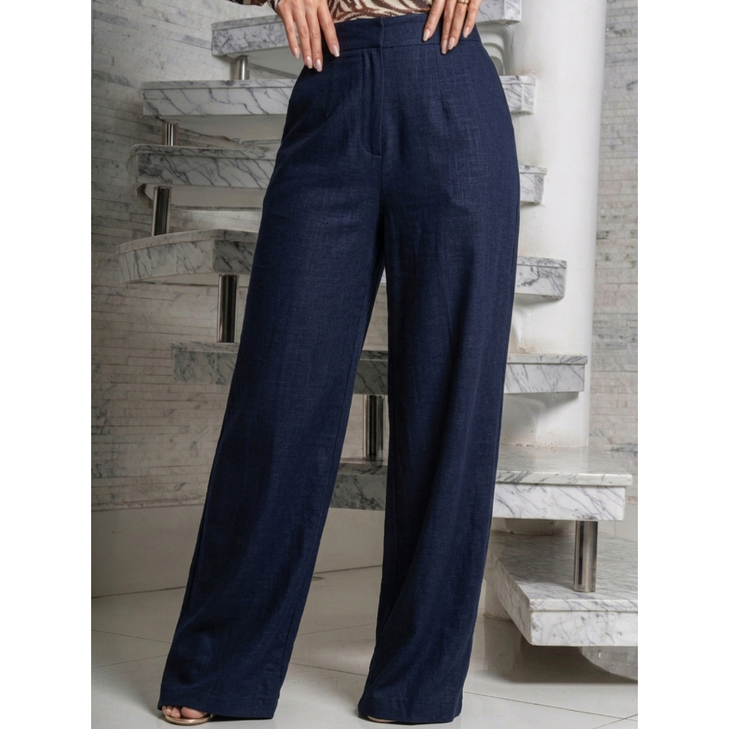 Calça Pantalona Feminina Duna Linho 100% Poliéster com Bolsos, Elástico nas Costas