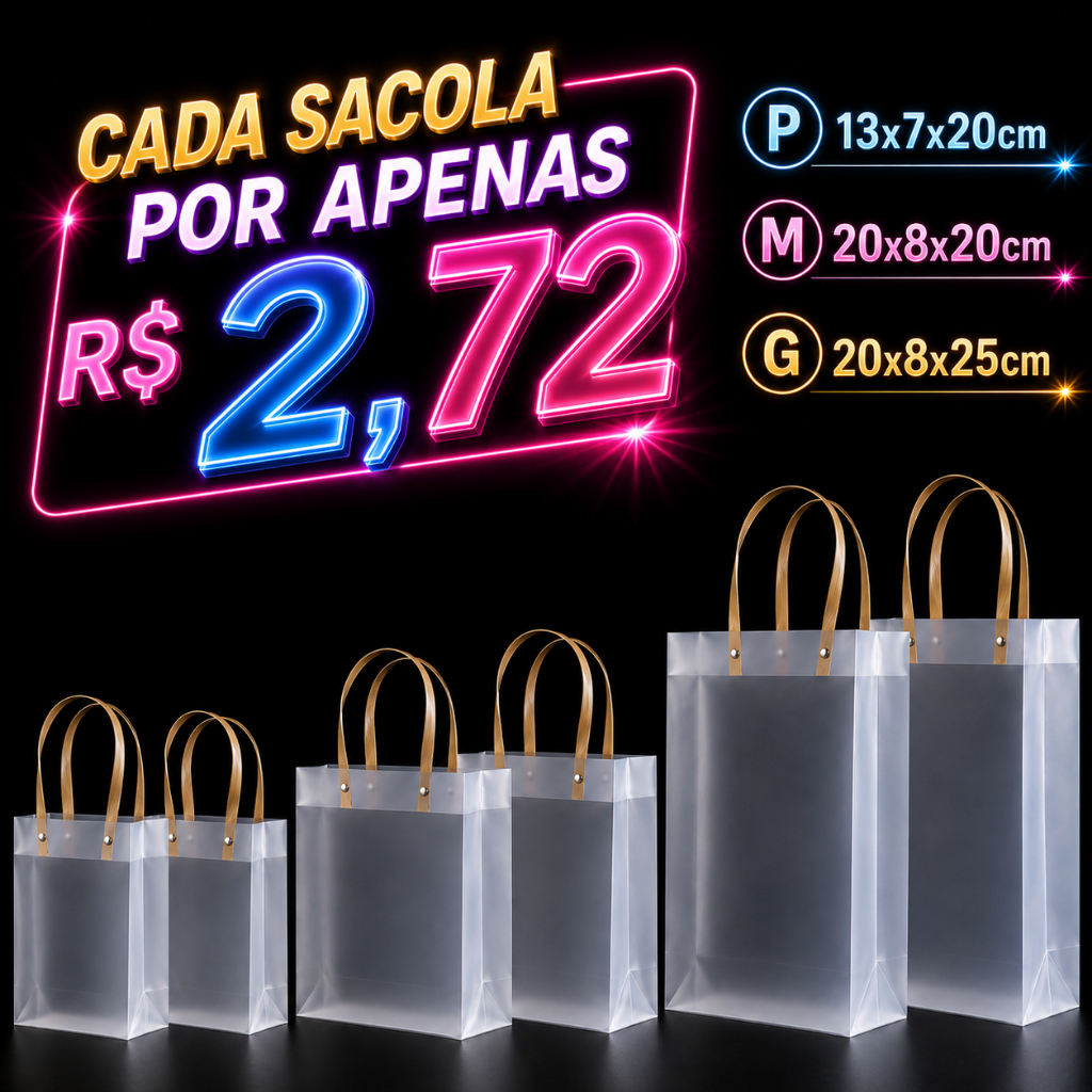 Kit 10/30 Sacola Transparente Fosca de PP com Alça de Couro para Presentes Decoração Lembrancinha