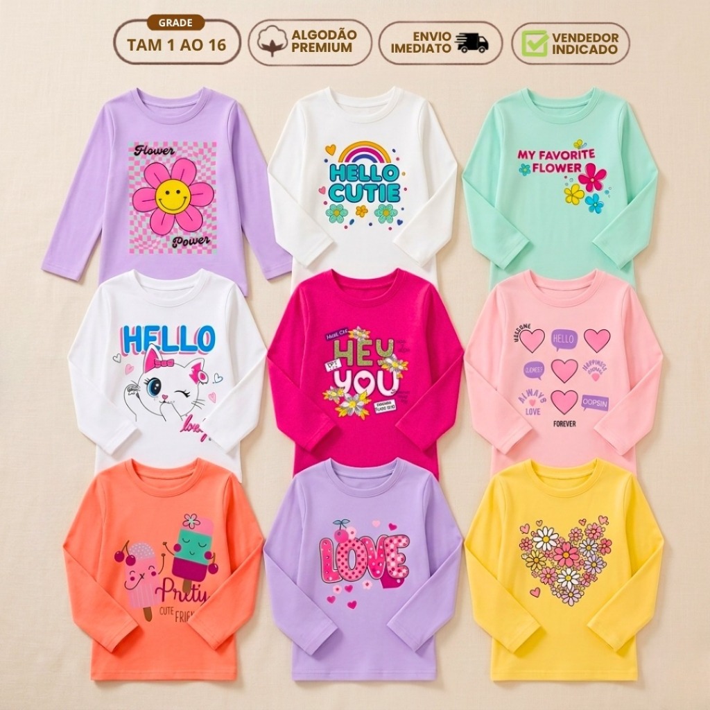 Kit 6 Camiseta Menina Feminina Manga Longa em Algodão Lisa e Estampada Outono Inverno 1 ao 16