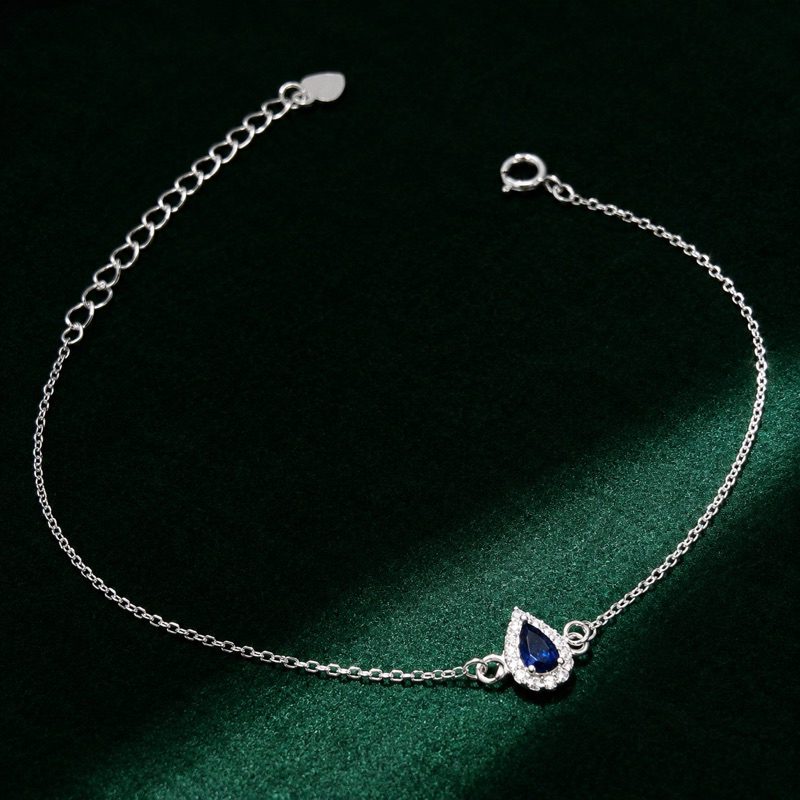Pulseira Feminina Zircônia Azul Gota Cravejada Prata 925 Sofisticada