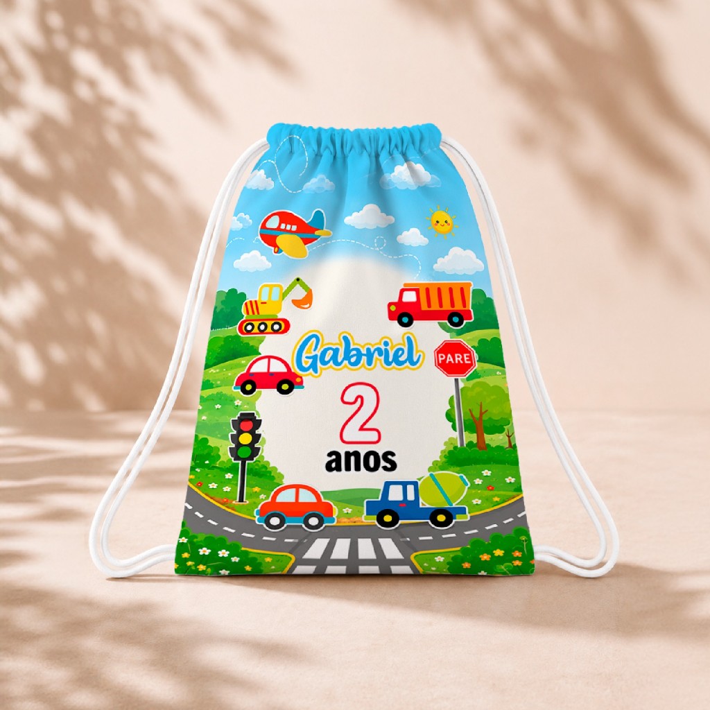 10 Mochila Personalizada Infantil 18x26 Sacolinhas Surpresa Festa Aniversário Lembrancinha Meio transporte Carrinhos M2