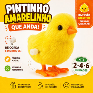 Pintinho Amarelinho de Pelúcia a Corda Brinquedo Infantil que Anda Kit 2 4 6 Unidades