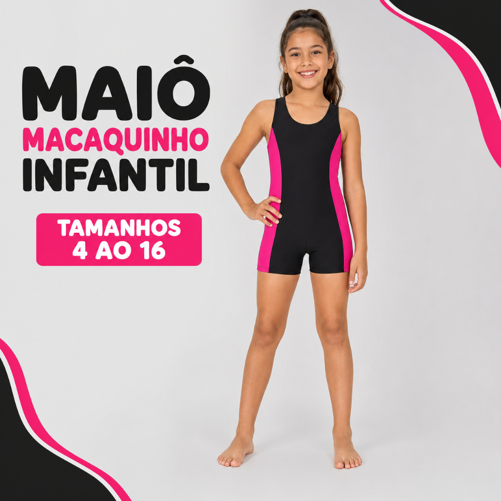 Maiô Infantil Feminino Macaquinho Juvenil Para Natação e Hidroginástica em Suplex Proteção UV50+ do 4 ao 16