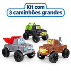Kit 3 Caminhões Com Carinha Divertida - Grandes 30cm - Caçamba, Guincho e Cabe Tudo - Certificados Inmetro | QUEEN SHOP