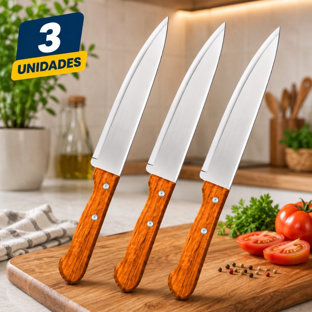Imagem Kit 3 Facas 6” Aço Inox 26cm Cabo De Bambu Afiadas Para Cozinha Carnes Legumes Churrasco Profissional