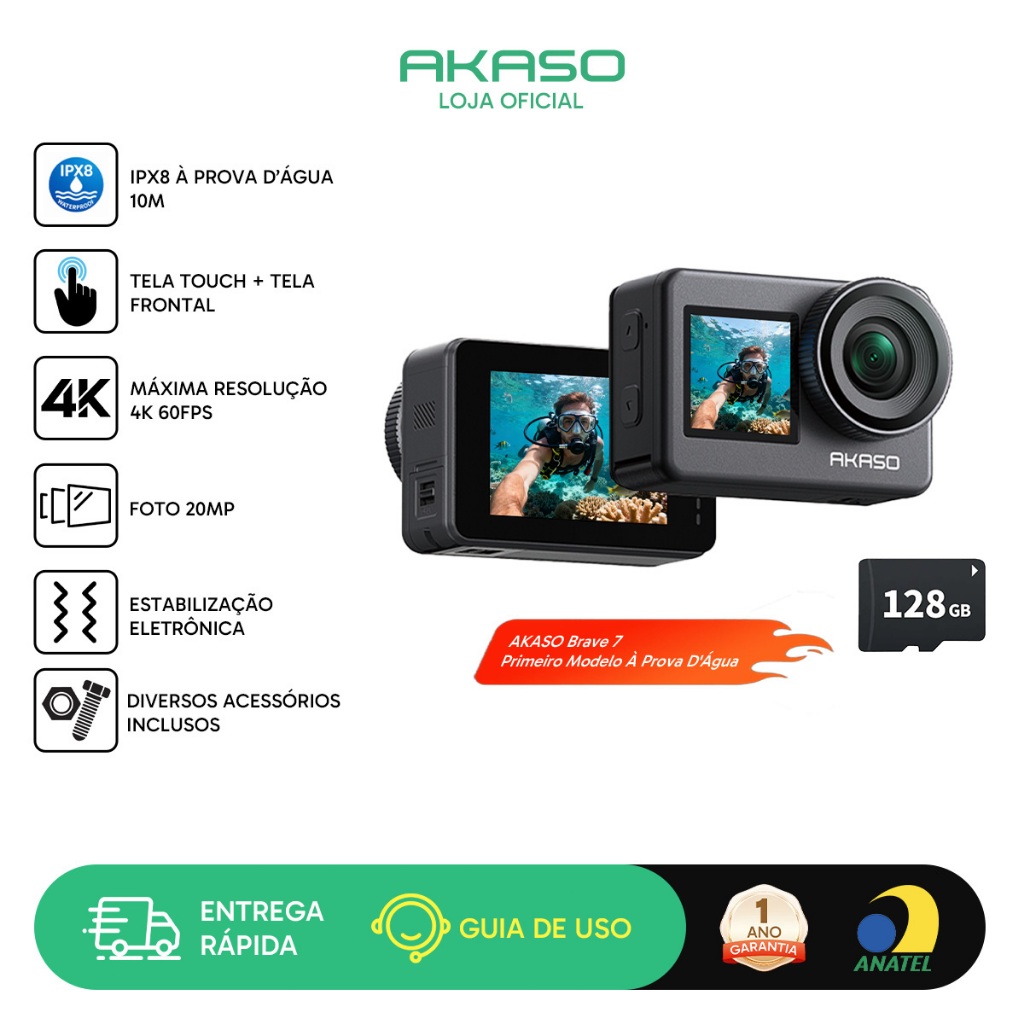 Câmera Ação AKASO Brave 7 4K60fps 20MP c/ Tela Touch e Frontal IPX8 EIS Wi-Fi Remote c/ Cartão 128GB