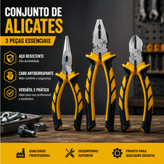 Kit Alicate Universal de Corte Bico Fino 3 Peças Profissional 6 Pol Aço