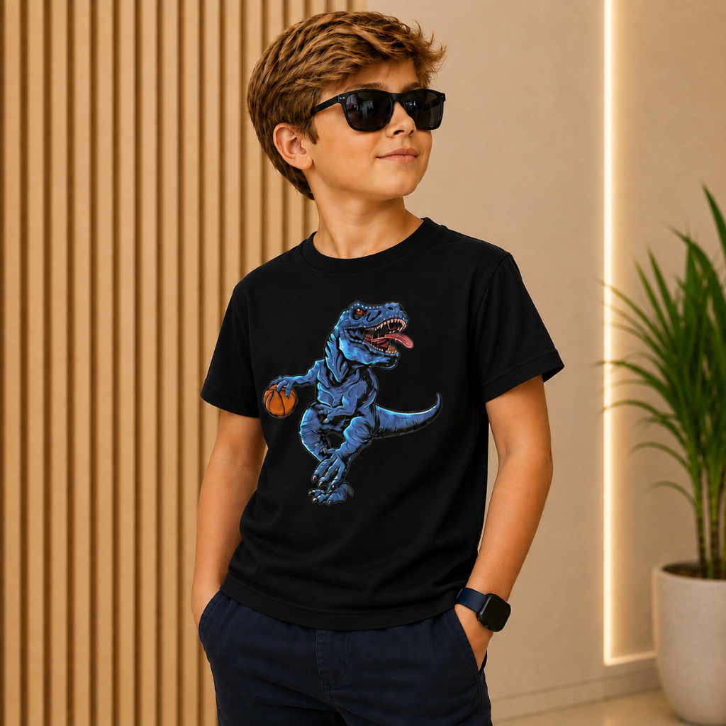 Camiseta Infantil Dinossauro Algodão Meninos T-Rex Basquete Camiseta Juvenil Masculina Estampa Exclusiva Roupa Infantil