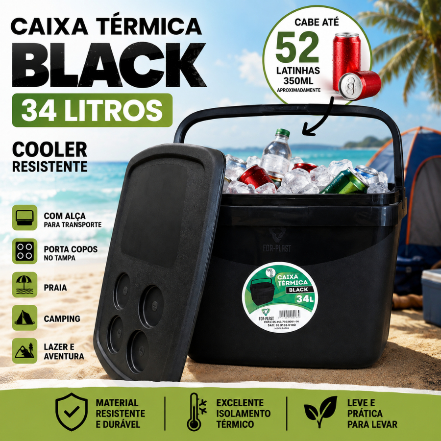 Caixa Cooler  Térmica 34 Litros For Plast Preta Com Alça Com Porta Copos Na Tampa Praia Camping
