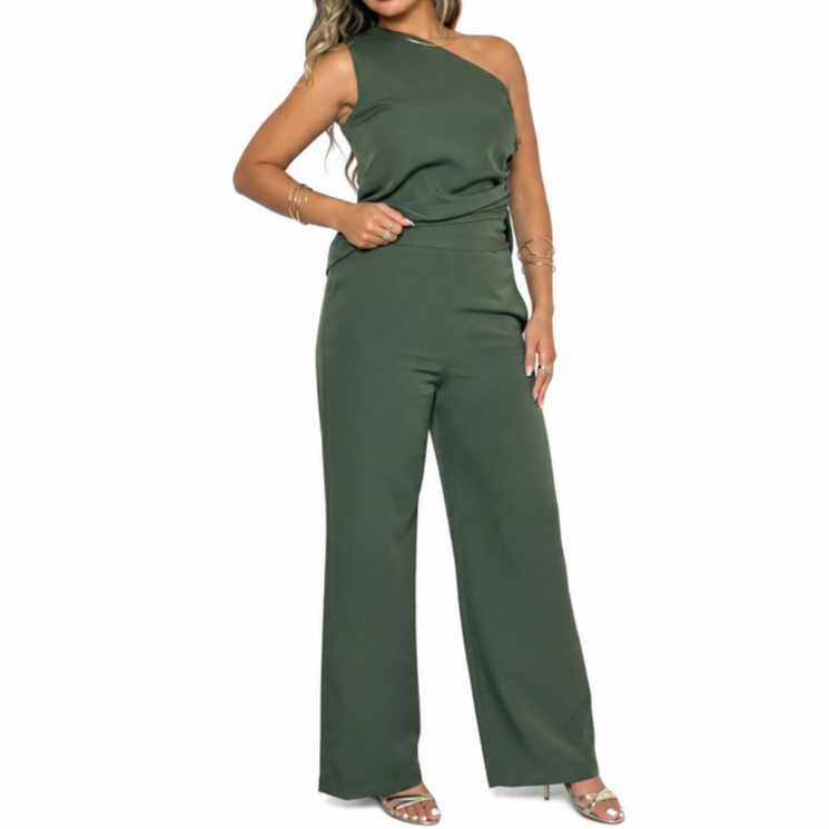 Conjunto Feminino Alfaiataria Calça Pantalona Blusa Assimétrica Um Ombro Só Mula Manca Festa Elegante Luxo Verde Militar