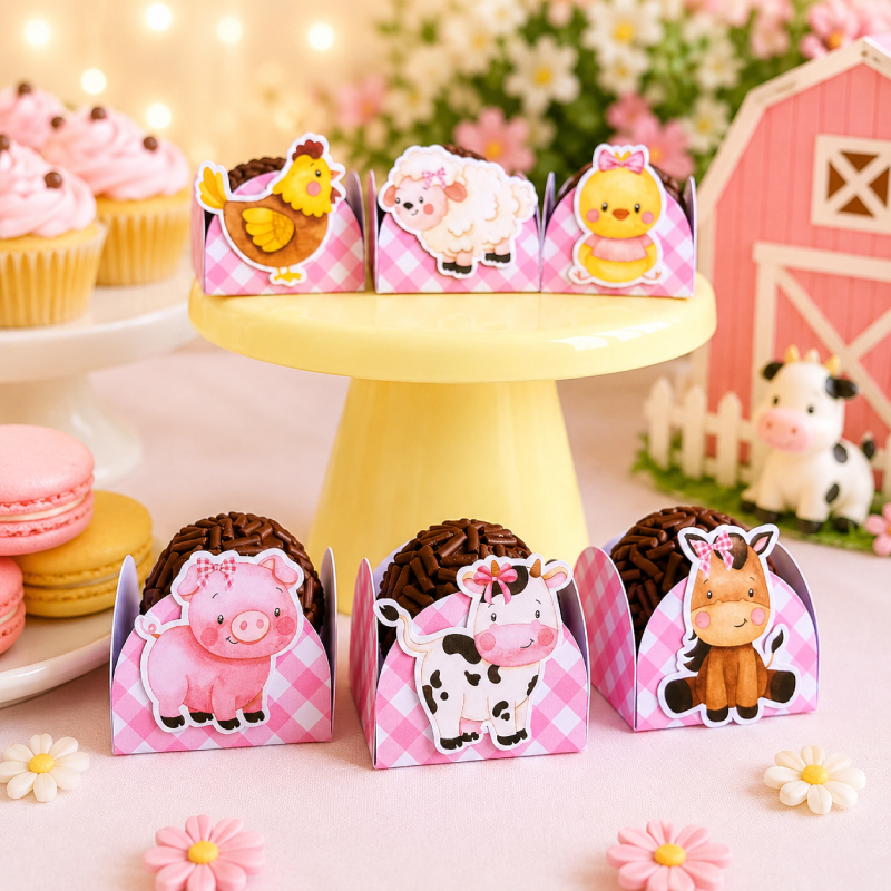 Nova Forminhas doces Fazendinha Menina I Porta docinhos Fazendinha Rosa Menina I Personalizados Fazendinha Aquarela