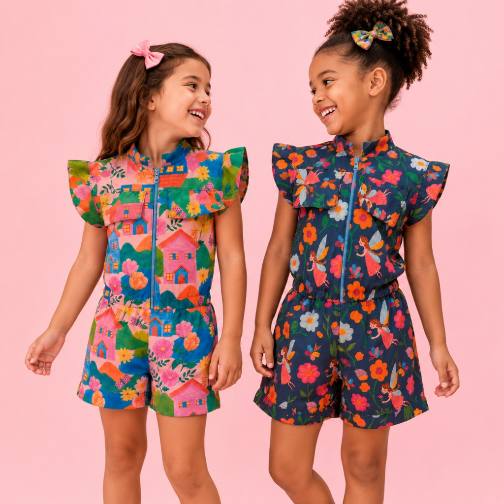 Macaquinho Feminino Kids Estampado Com Ziper Frontal Macaquinho Colorido Infantil Para Meninas