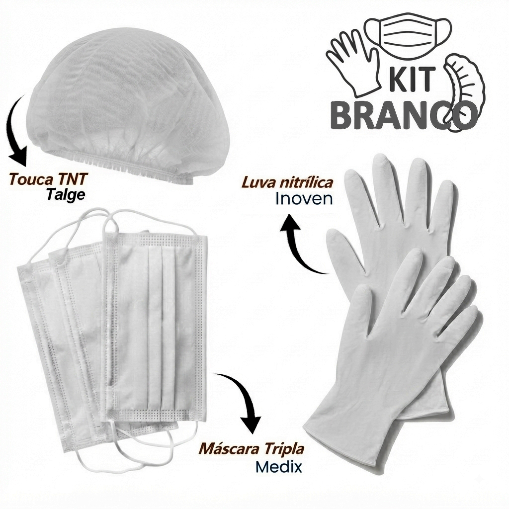 Kit Luva Nitrílica + Máscara + Touca Branca Descartável TNT - BRANCO -