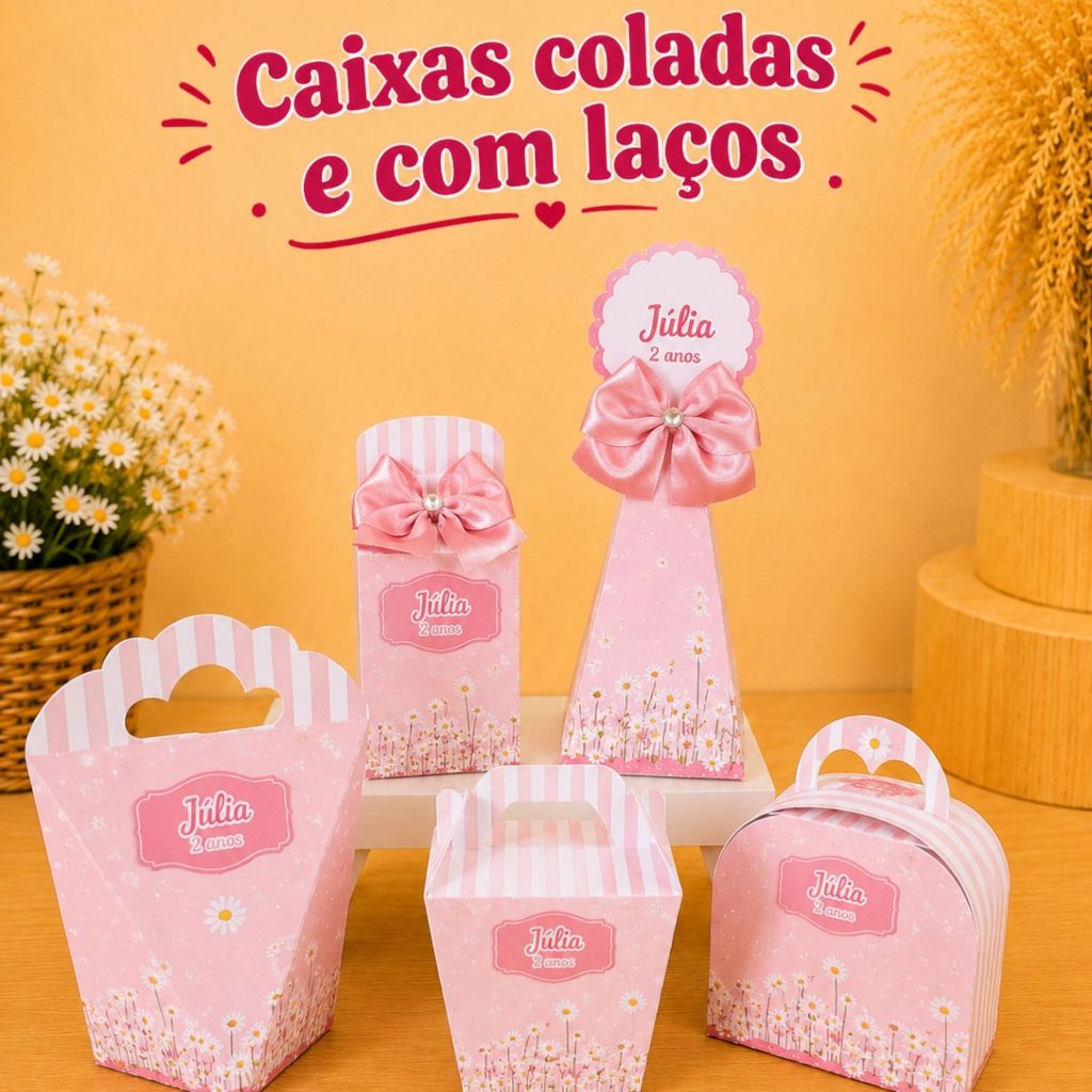 Kit Festa caixinhas Personalizadas MARGARIDA JARDIM ROSA| Caixas para Lembrancinhas Já Coladas com Laços|Festa Infantil
