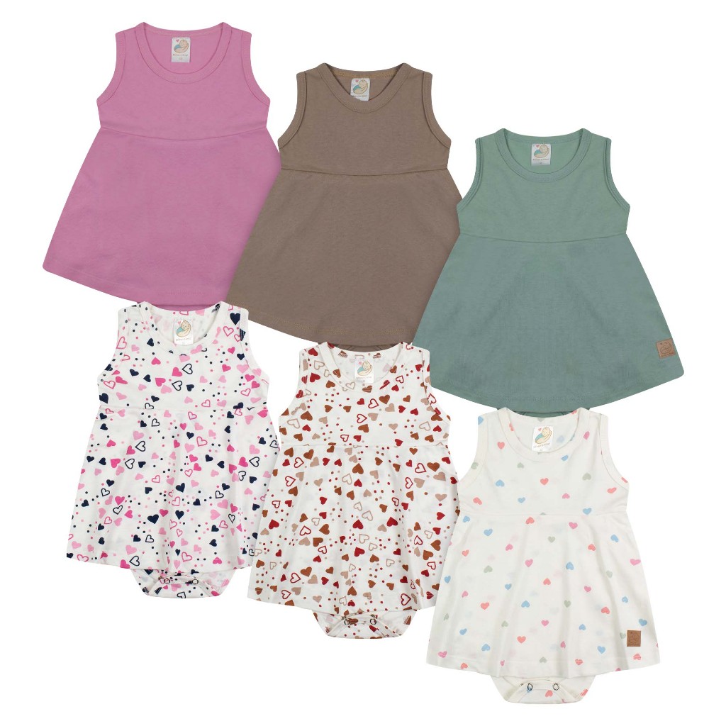 Kit 3 Body Vestido Bebê Menina Regata com Saia Liso ou Estampado Corações Verão