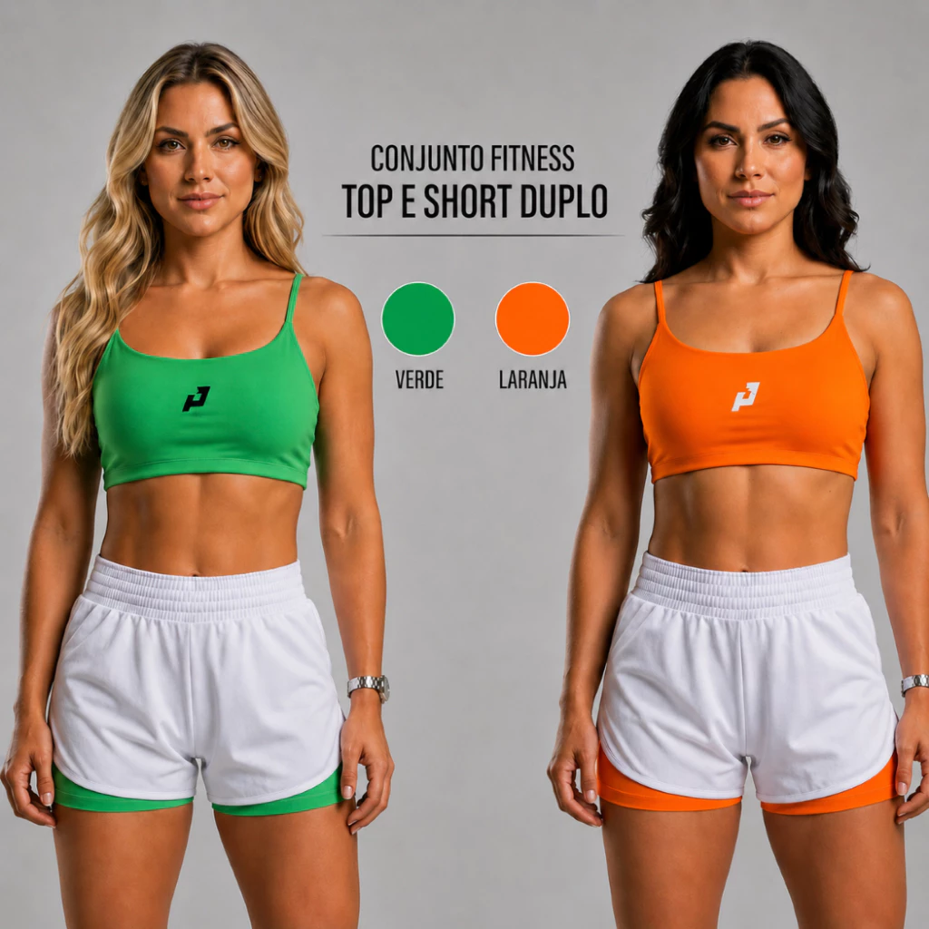 Conjunto Fitness Feminino Top e Short Duplo Corrida Academia Treino Cintura Alta Sem Transparência — imagem 1