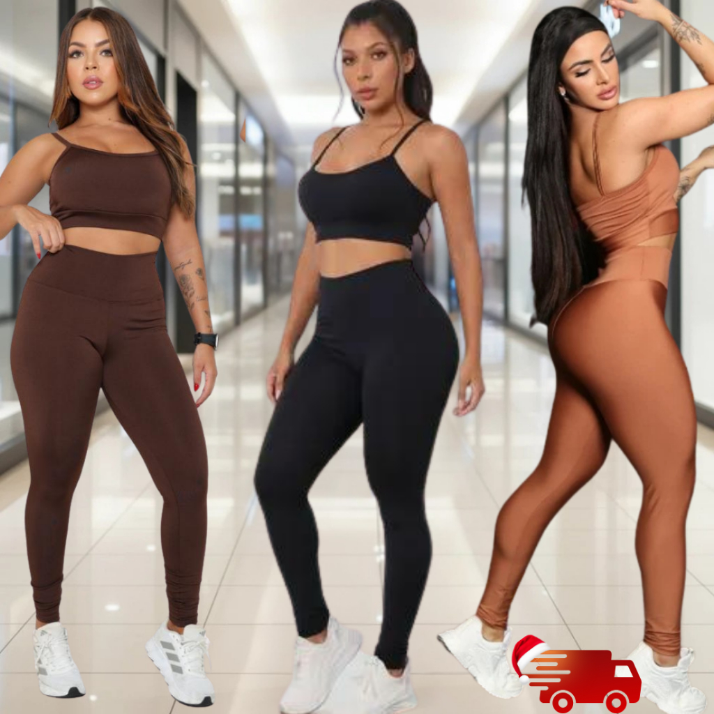 Conjunto Academia Feminino Top + Calça Legging Alta Compressão Zero Transparência