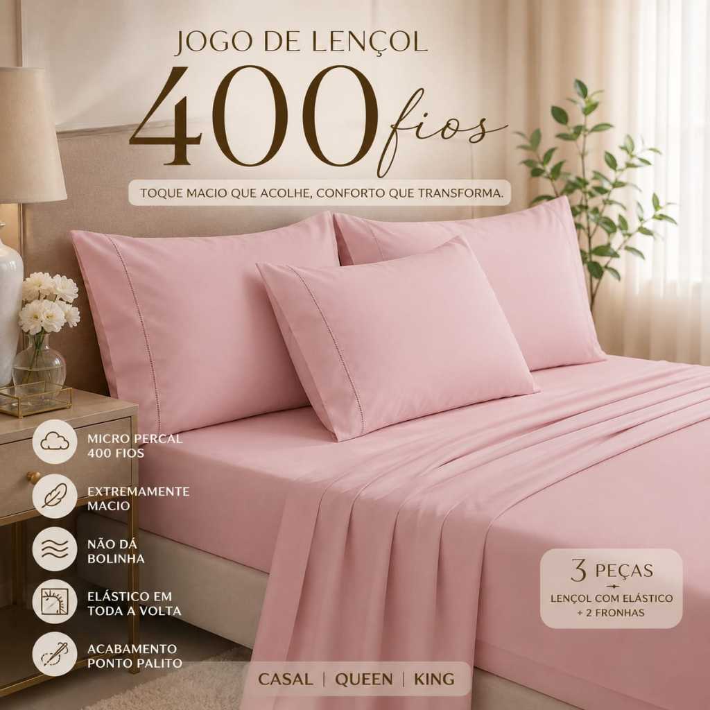 Kit Lençol Casal 03 peças jogo de cama com elastico e fronha em ponto palito micropercal 400 fios toque super macio