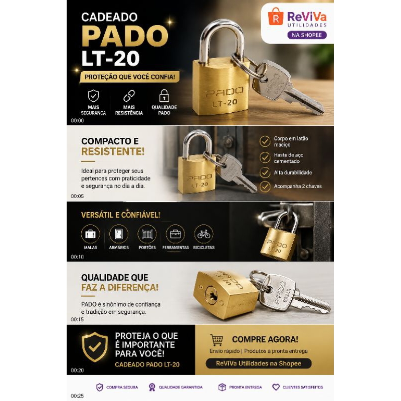 Imagem Cadeado Pado Original Resistente LT 20mm c/ 2 chaves Alta Qualidade Ideal para Armários Malas Bolsas