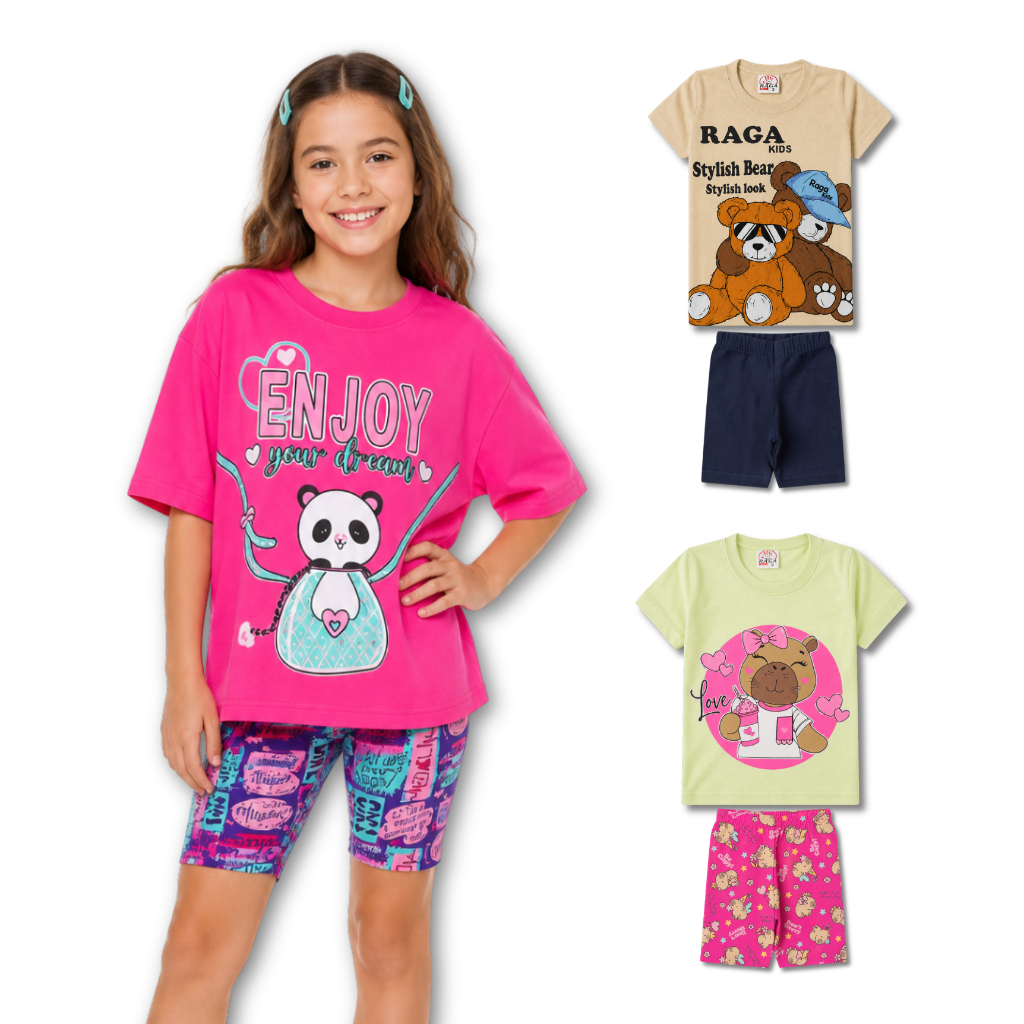 Kit 2 Conjuntos Infantil e Juvenil Feminino Menina Verão Estampados Sortidos do Tamanho 1 ao 14