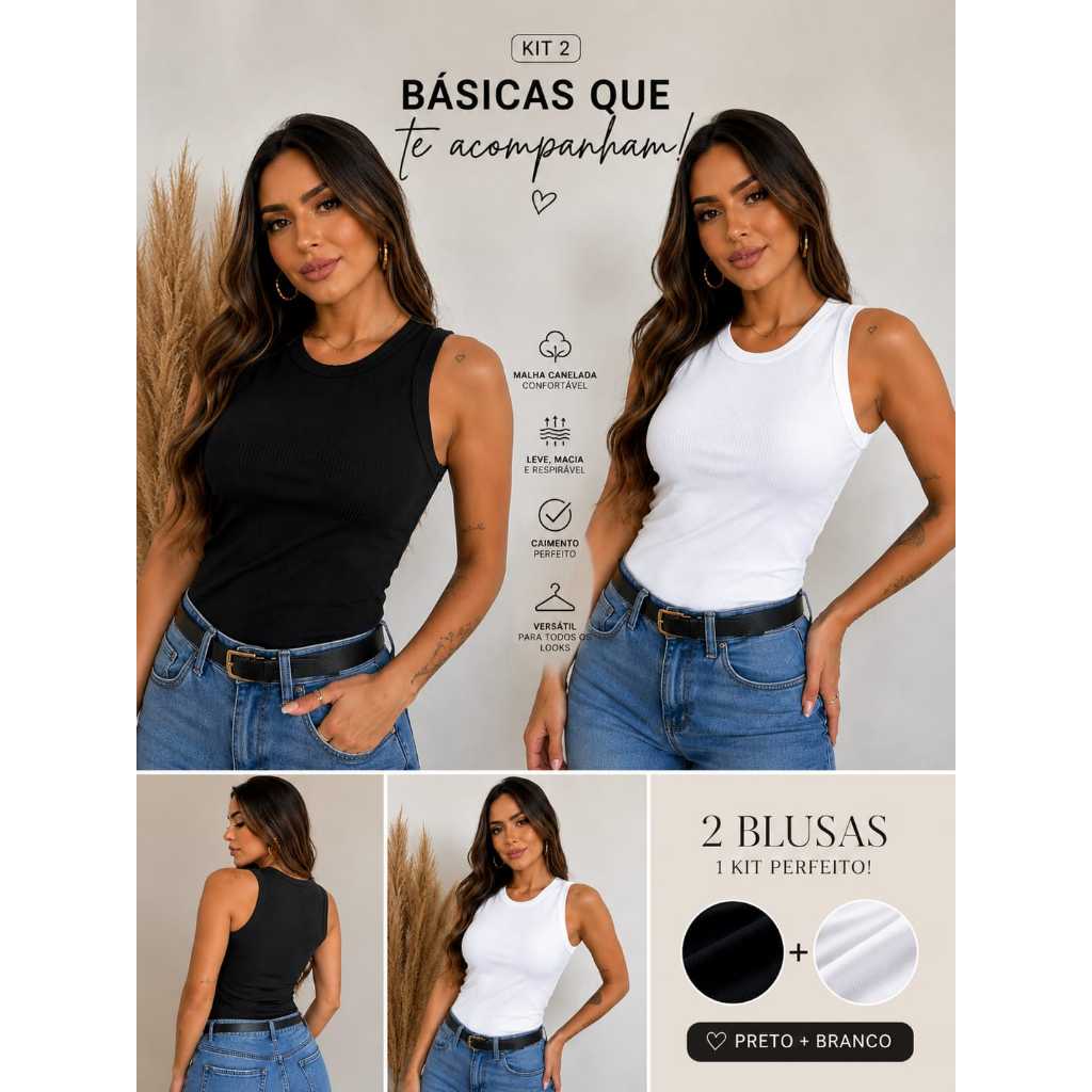 Kit 2 ou 3 Blusas Regata, Feminina Estilosa Ribana Canelado Elegante Tendência Verão