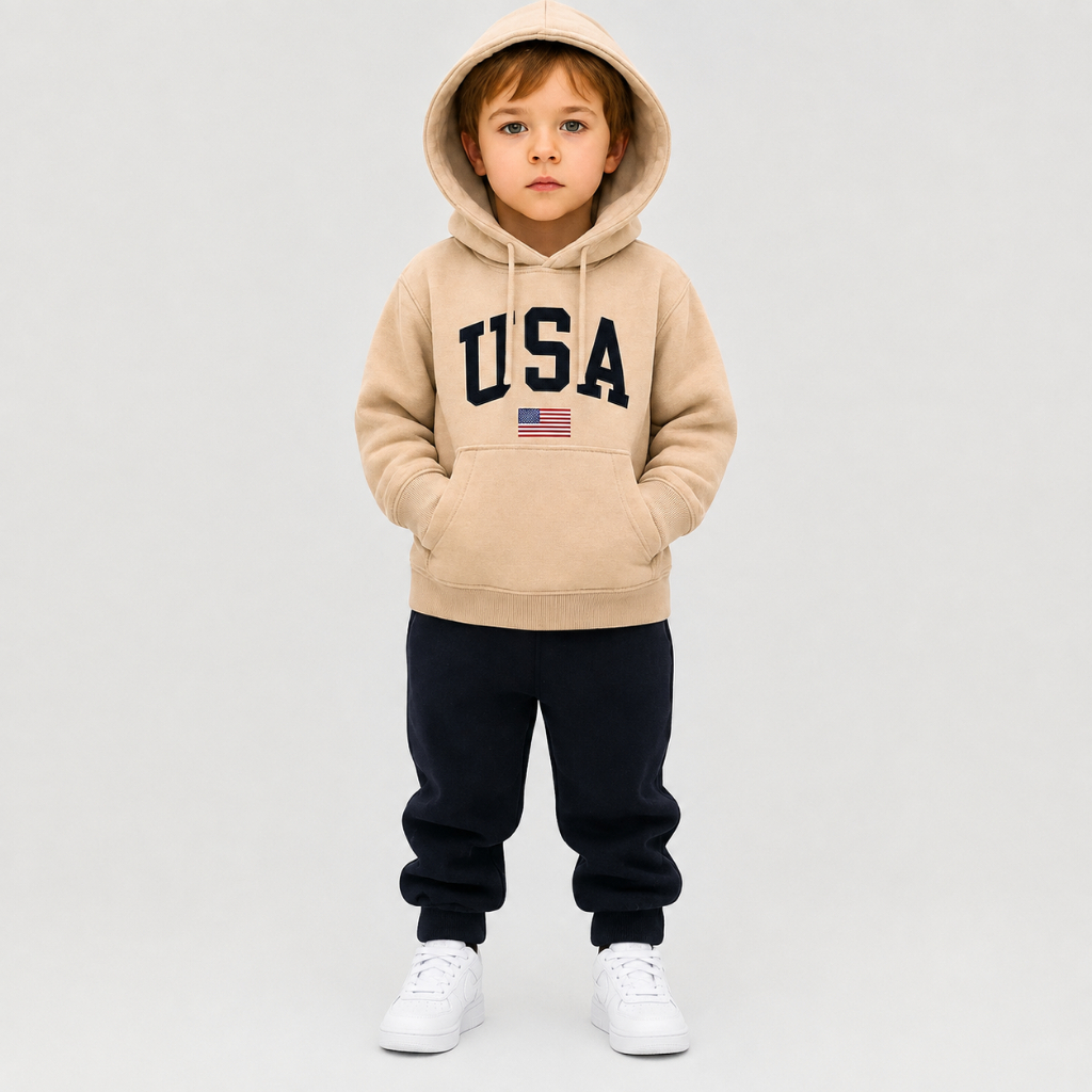 Kit Conjunto Moletom Infantil Estampado USA Blusa de Frio Canguru Kit Calça Blusao Algodão