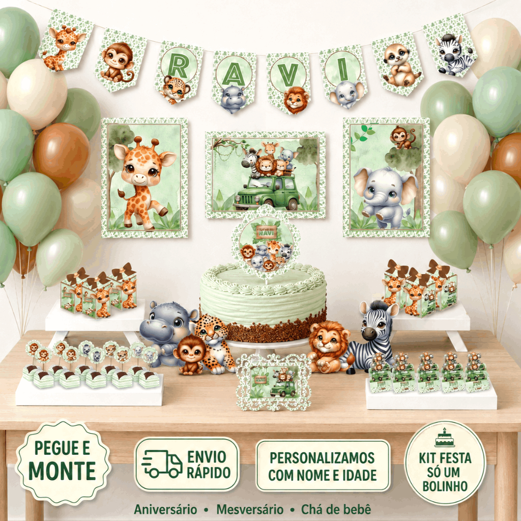 Kit Festa Safari Só um Bolinho | Decoração Completa- Aniversário/ Mesversário/ Chá de Bebê