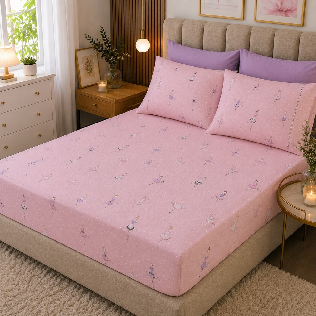 Jogo de Cama Bailarina Rosa Solteiro Casal Queen King Lençol com Elástico Fronhas Estampadas Infantil Menina