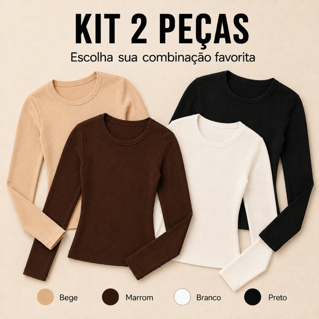 Kit 2 blusa feminina elegante manga longa de frio Ribana Gola Redonda Básica Confortável Casual