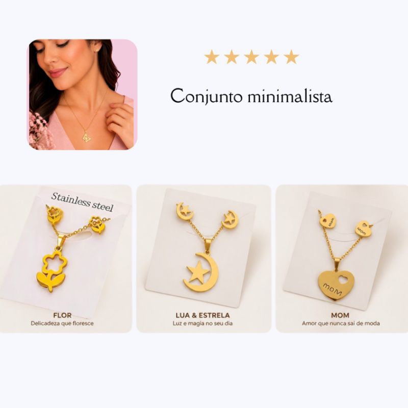 Conjunto Colar + Brinco Minimalista Feminino Aço Inox Dourado | Modelo Aleatório Surpresa | Antialérgico | Não Escurece.