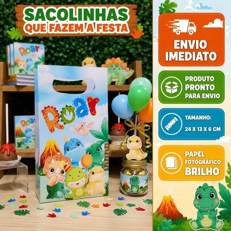 Sacolinha M Boca de Palhaço Personalizada Dino Baby Lembrancinha de Aniversário Festa Infantil