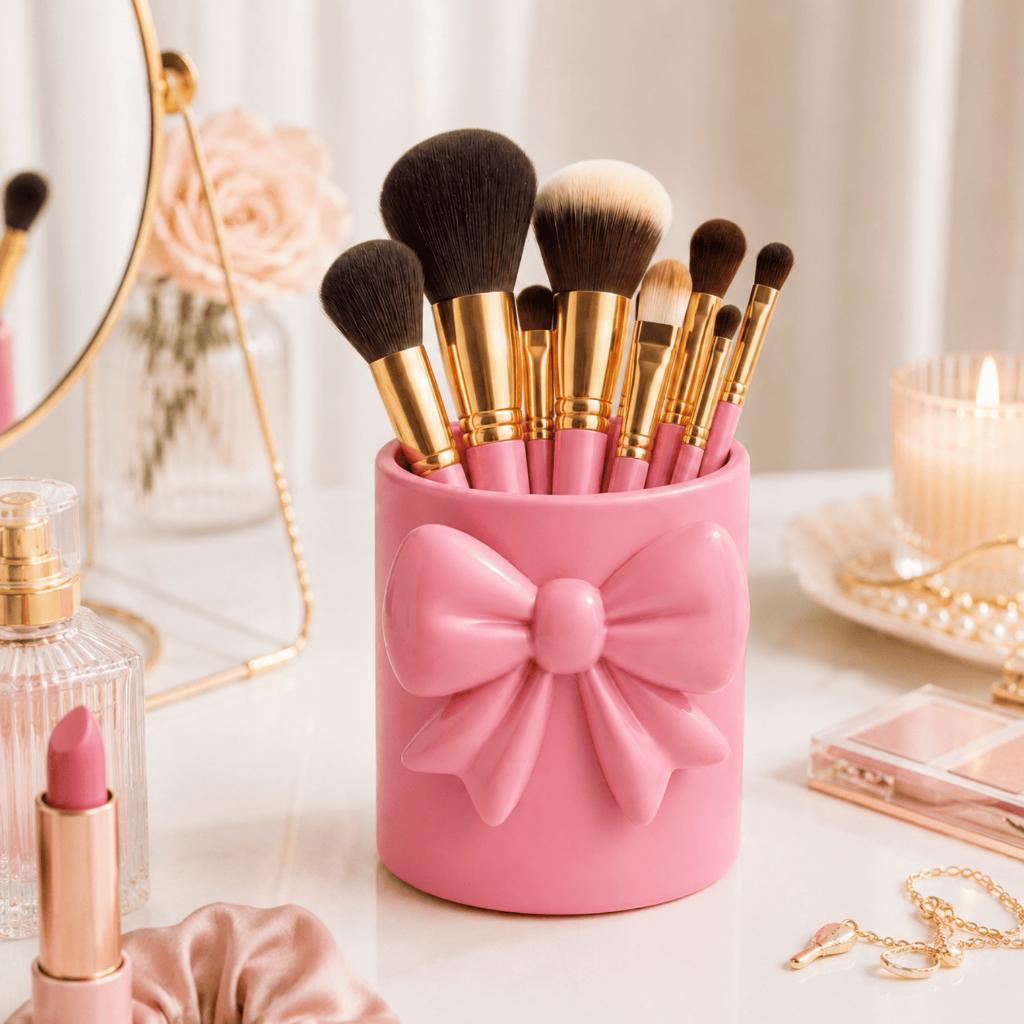 Porta Pincéis de Maquiagem Organizador de Mesa com Laço Decorativo