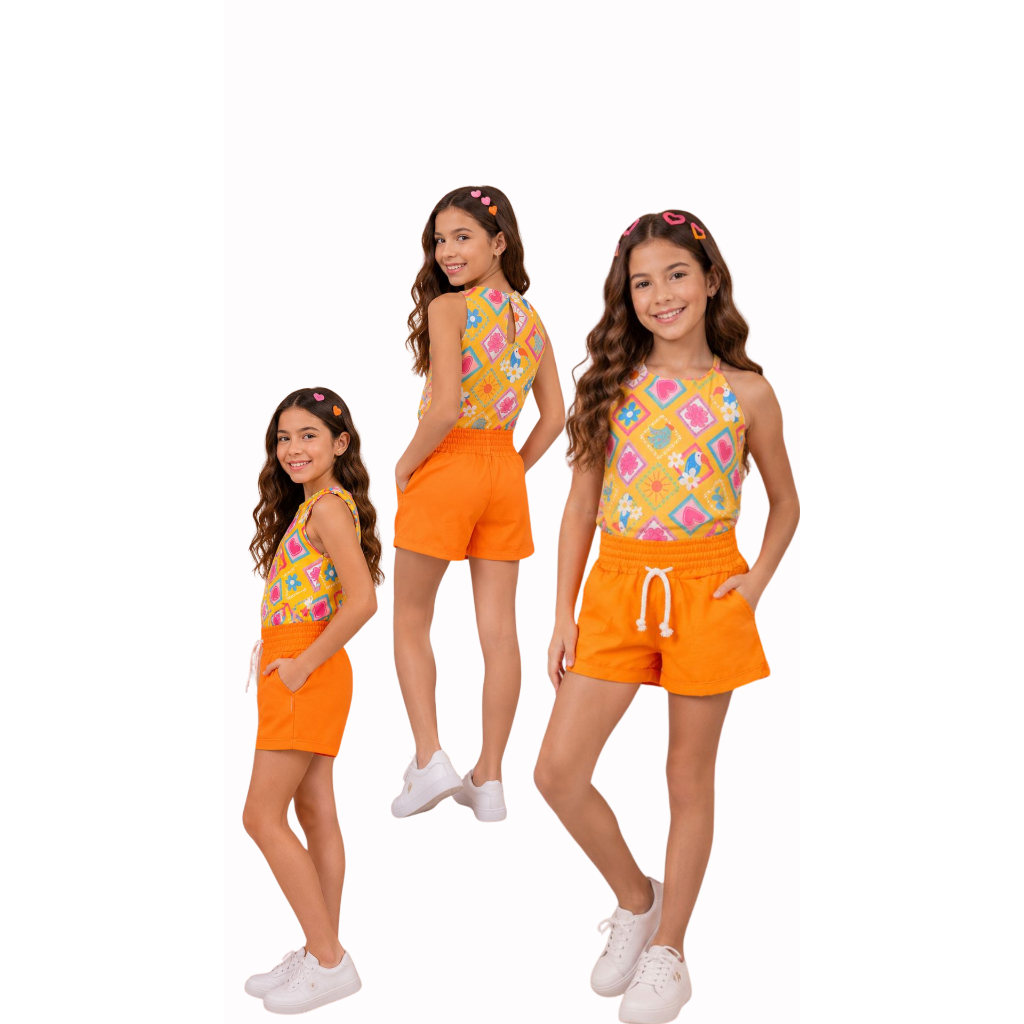 ​Conjunto Infantil Feminino Menina Verão Blusa Regata Estampada E Short Com Cós Elástico E Bolso