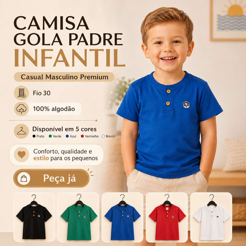Camisa Gola Padre Infantil Casual Masculino Premium