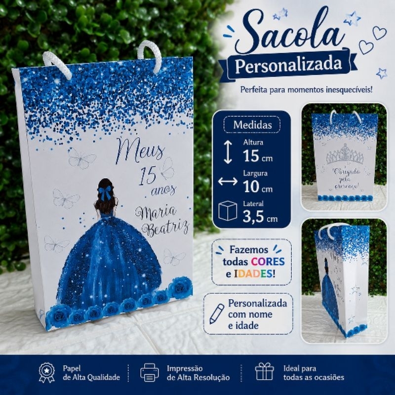 Sacola Personalizada Pequena Azul,15 anos,Debutante.Lembrancinha Festa Aniversário-FAZEMOS TDS IDADE