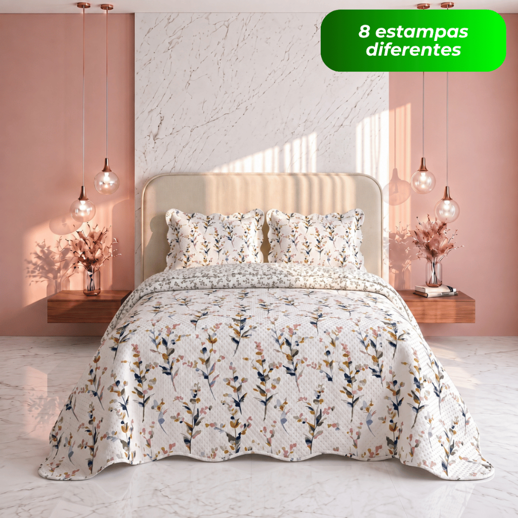 Kit Cobre Leito Colcha Casal Queen King 3 Peças Estampada Florida Matelado Dupla Face Percal Box