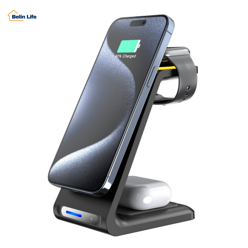 Carregador Sem Fio Magnético 3 em 1 15W Anatel Suporte Indução para Celular Smartwatch