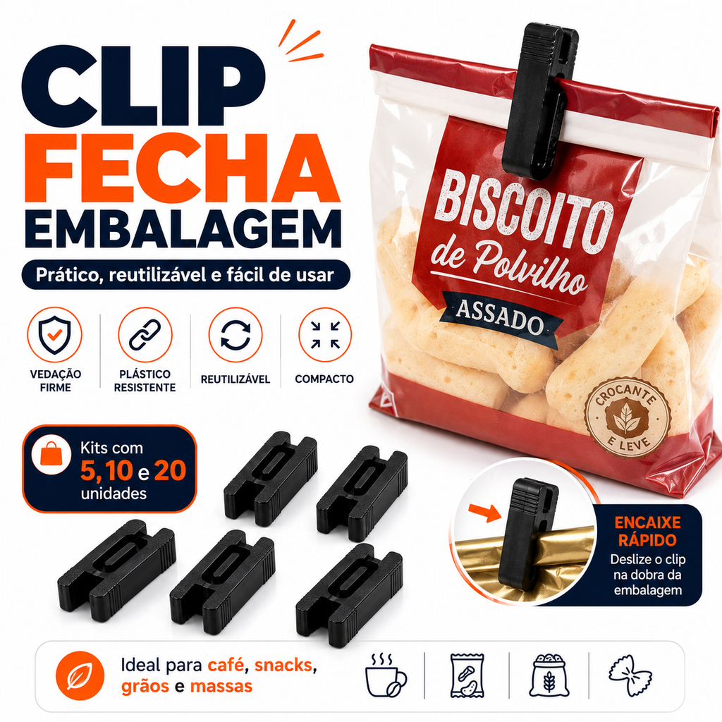 Kit Clip Fecha Embalagem Prendedor de Pacote Alimentos Reutilizável