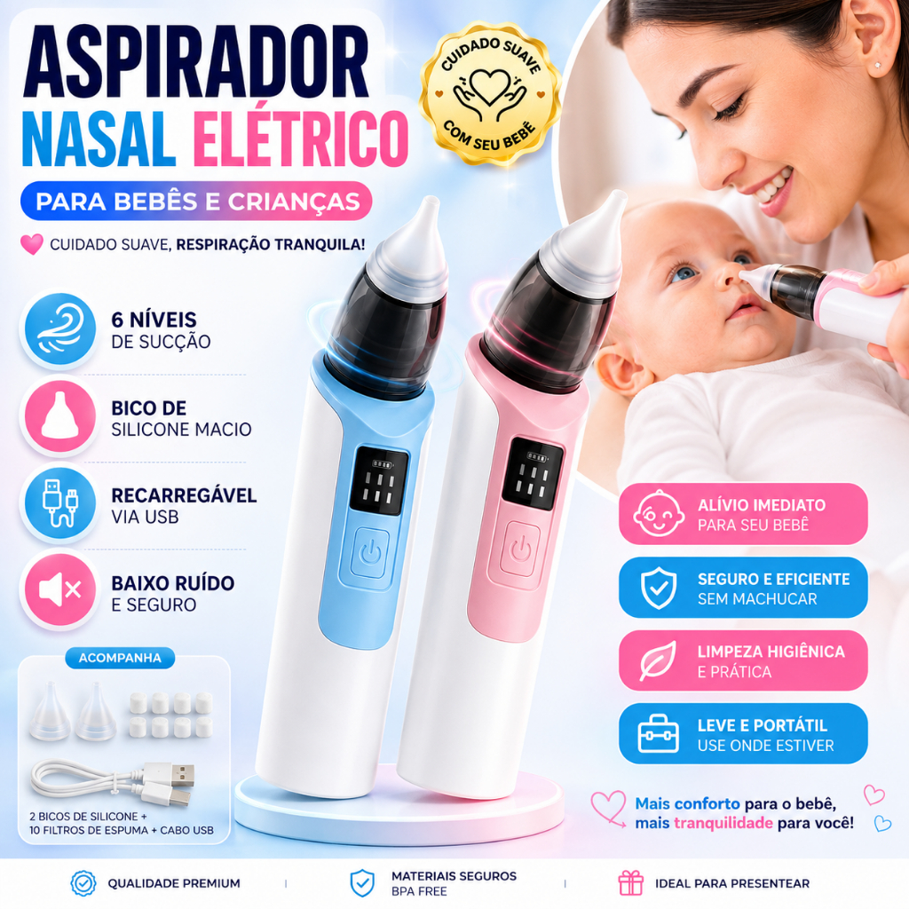 Aspirador Nasal Elétrico Premium 6 Níveis Sucção Silicone Macio Livre De BPA