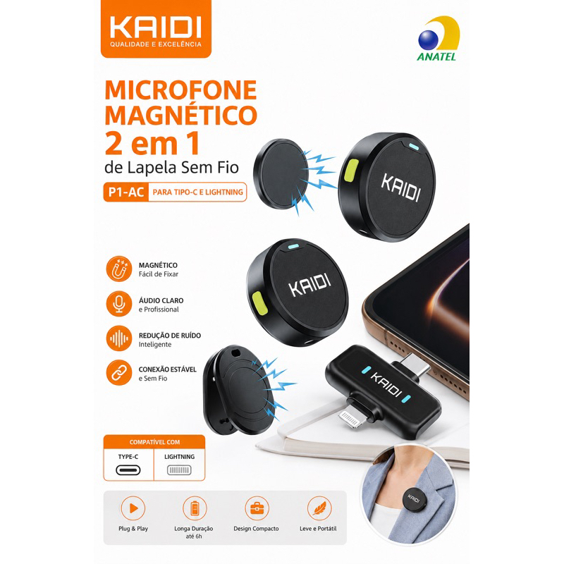 Microfone de Lapela Sem Fio KAIDI P1-AC 2 em 1 Magnético, Receptor Type-C e Lightning, Redução de Ruído, Áudio