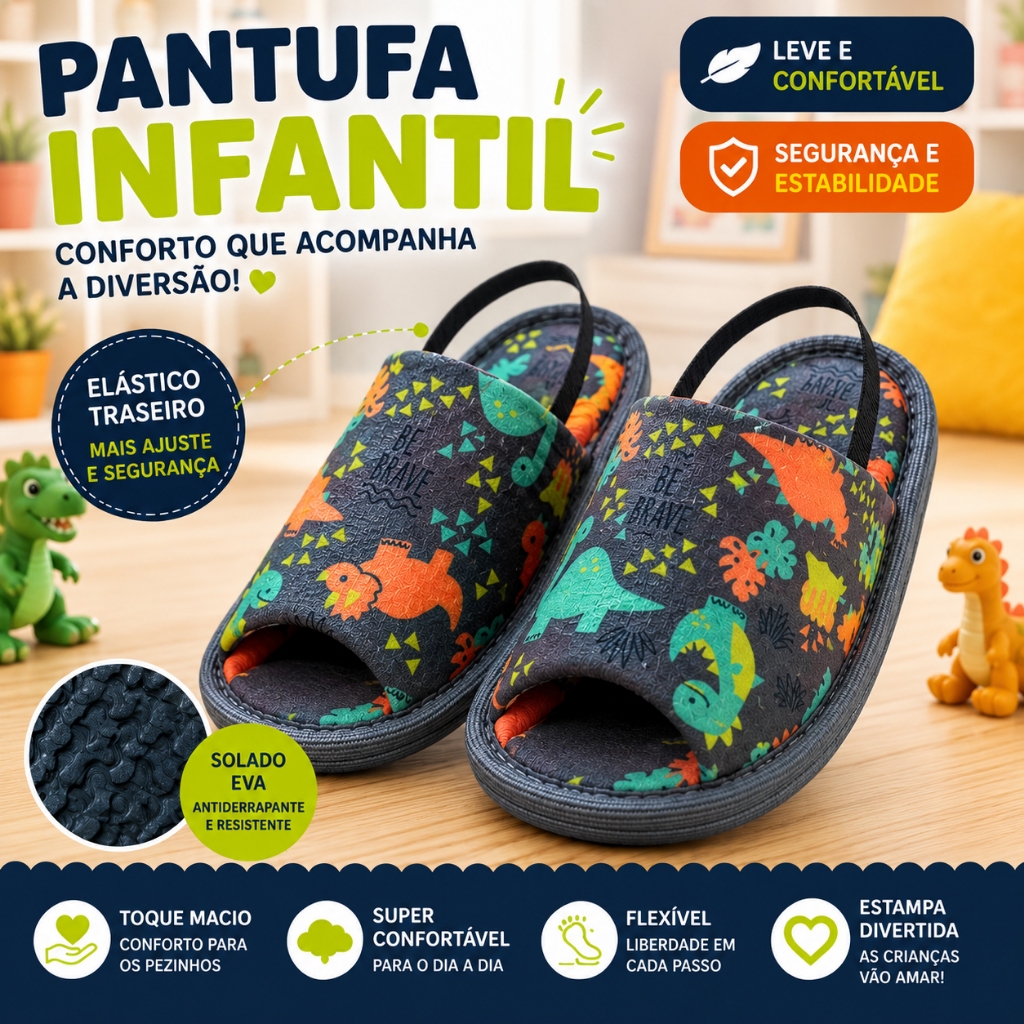 Chinelo Pantufa Infantil Dino Unissex Com Elástico Confortável Solado Macio EVA