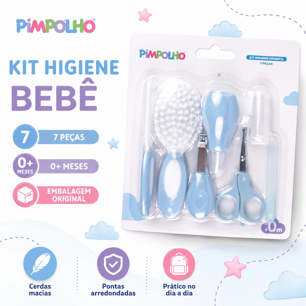Kit Higiene Bebê Pimpolho 7 Peças Escova Pente Tesoura Cortador Aspirador Nasal 0+