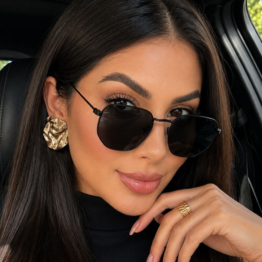 Óculos Glamour Feminino Lente Preta Uv400 Eyewear Luxo Coleção Nova Hexagonal Double Metal