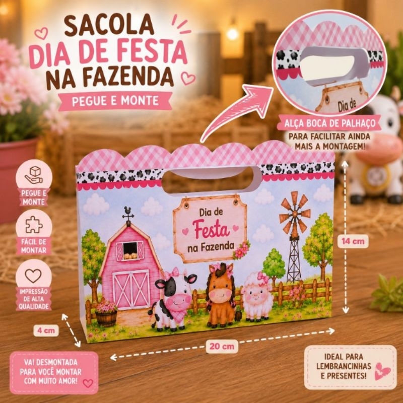 ENVIO RÁPIDO - Sacolinha Lembrancinha Fazendinha Rosa e Azul Pegue e Monte Sacola para Festa Infantil Aniversário