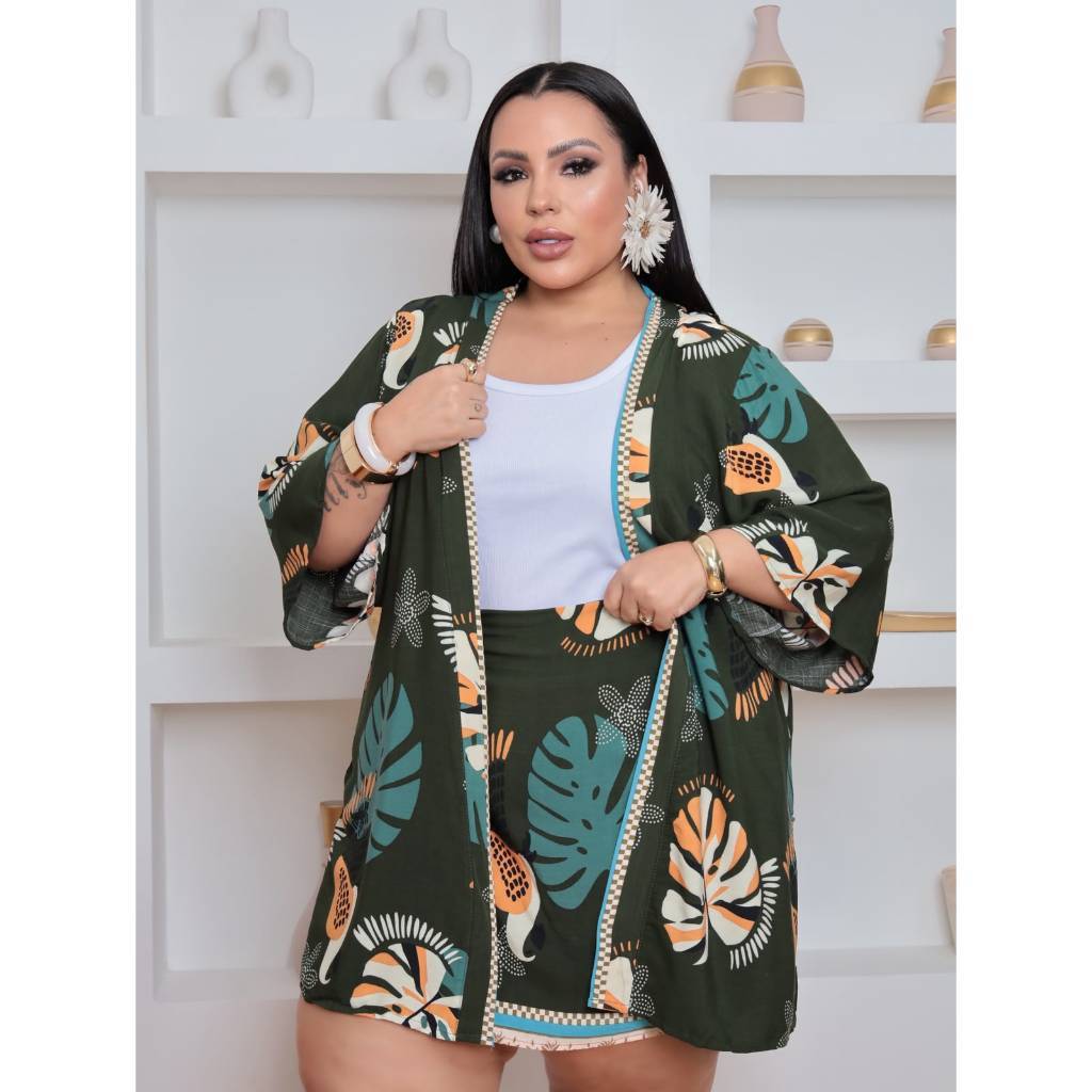 Conjunto Plus Size Feminino Verão Kimono e Short Saia Viscolinho Estampa Tropical Blogueira