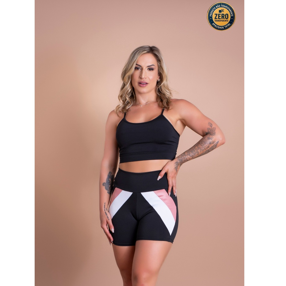 Conjunto Fitness Feminino Short Cintura Alta Detalhe Perna E Top Cropped Alcinha Liso Academia ZERO TRANSPARÊNCIA