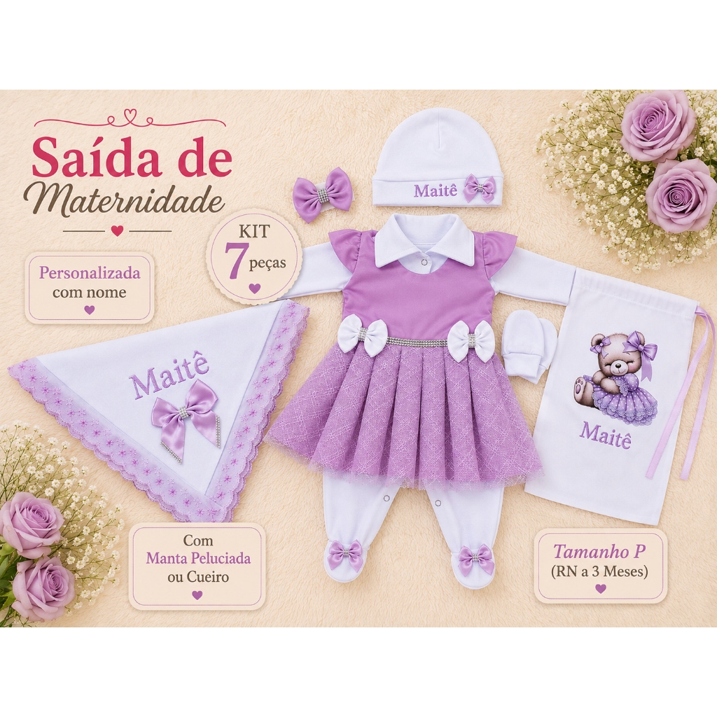 Saída de Maternidade Menina Lilás Kit 7 Peças Personalizada com Nome Bordado Luxo