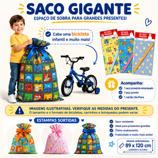 1 KIt Saco Presente Infantil Gigante 89 x 120 cm com Laço Pronto e Cartão De/Para Cromus | Inspire