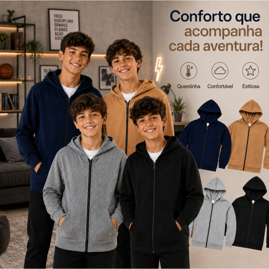 Jaqueta Moletom Flanelada Bolso Ziper  Basica Escola Dia a Dia Menino Menina