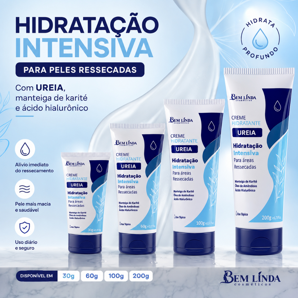Creme Hidratante UREIA Bem Linda Hidratação Intensiva Pele Ressecada Ácido Hialurônico 30g 60g 100g 200g
